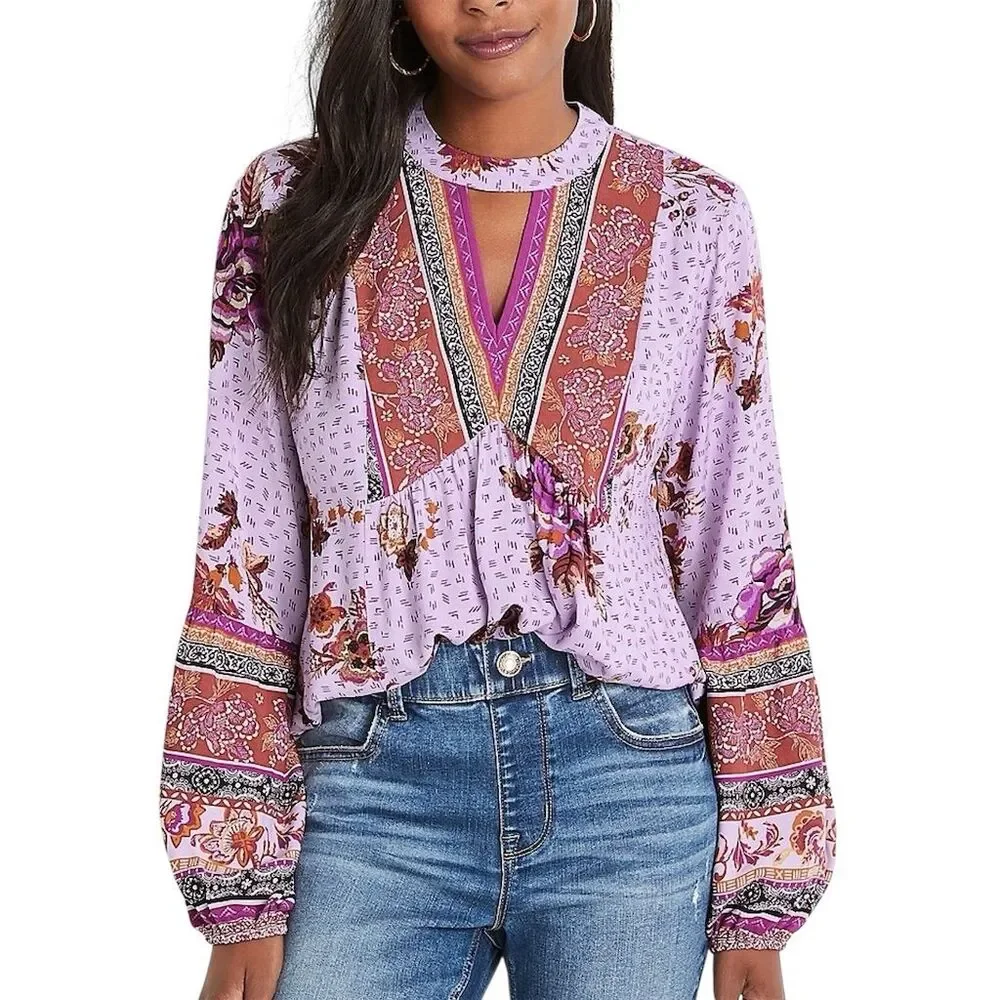 Maurices Women's L Purple Floral Boho Peasant Blouse Long Sleeve - Picture 1 of 9